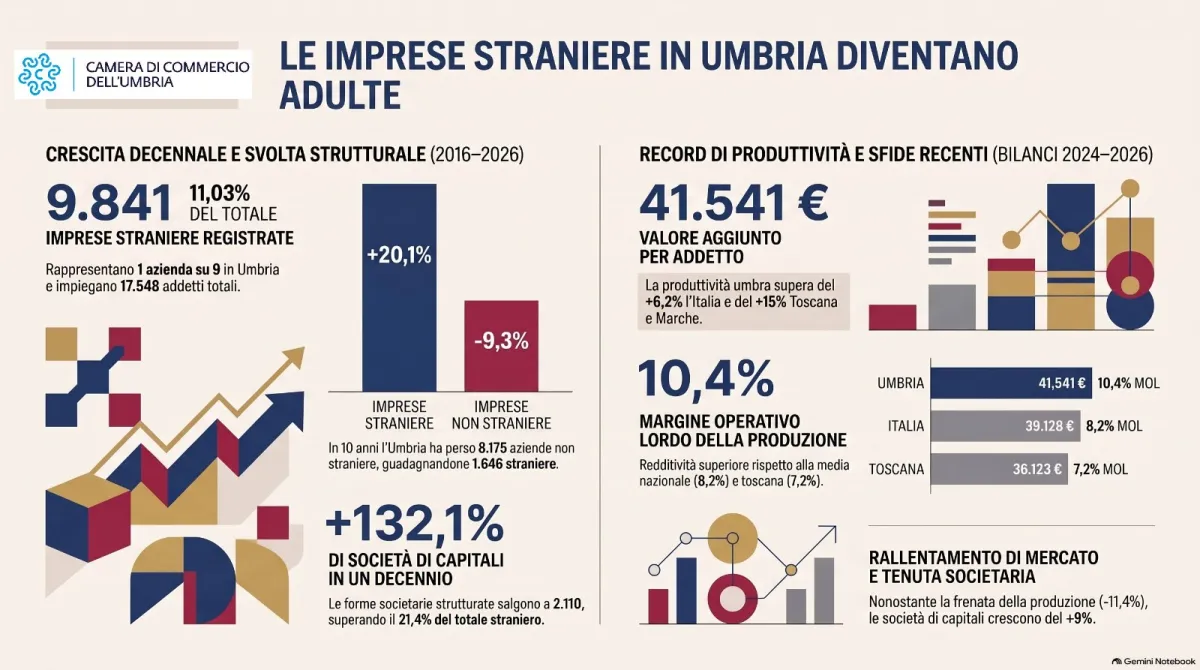 Imprese straniere in Umbria, sono oltre l’11% del totale: 9.841 attività e 17.548 addetti